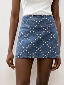 Maija Women's Casual Beaded Denim Mini Skirt, Summer - Medium Wash - View 4