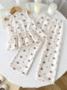 SHEIN 2pcs/Set Young Girl Ditsy Floral Sleeveless Tank Top & Loose Casual Pants Set - Apricot - View 5