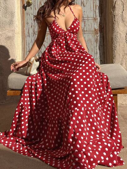 Sunnyshic Women's Black Polka Dot Deep V-Neck Halter Backless Tie-Waist Maxi Dress, Sexy & Elegant European And American Style, Suitable For Spring/Summer Beach Vacation