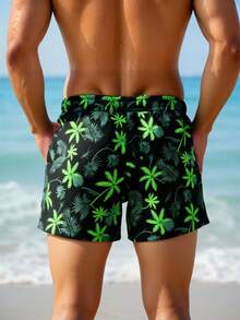 Manfinity Swimmode Men's Palm Tree Print Drawstring Waist Pocket Beach Shorts - Black - View 2