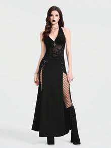 Breakform Áo croptop nữ phong cách Gothic gợi cảm, chất liệu lưới nhung, họa tiết da rắn, hở lưng, cổ chữ V sâu, thắt dây cổ, trang trí kim loại hình da rắn. - màu đen - Xem 6