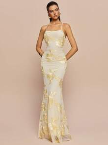 Olia Maree Olia Maree 女士杏色纹理花卉面料露背系带收腰休闲连衣裙，适合通勤、假日、度假 - 杏色 - 查看 3