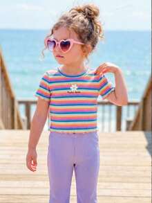 SHEIN 2件套女童针织条纹休闲T恤和打底裤套装 - 彩色 - 查看 1