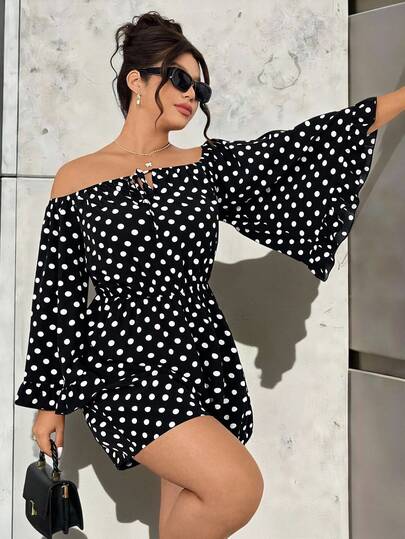 Easura Plus Size Women's Jumpsuit With Wide Bell Sleeves, Off-Shoulder Ruffle Trim, Tie-Up Design. Lightweight, Comfortable Polka Dot Fabric, Suitable For Vacation, Beach, Casual Outings, Parties, Afternoon Tea. Black With White Dots