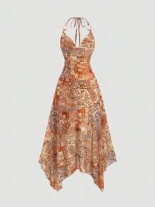 Sunnyshic Frühlings-/Sommer-Vintage-Party- & Fotoshooting-Kleid für Frauen mit tiefem Ausschnitt, Metallschnalle und asymmetrischem Saum im Boho-Stil - Verschiedenfarbig - Übersicht 3
