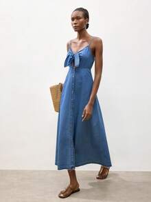 Maija Women's Summer Casual Lace-Up Hollow Out Strap Denim Dress - Light Wash - View 1