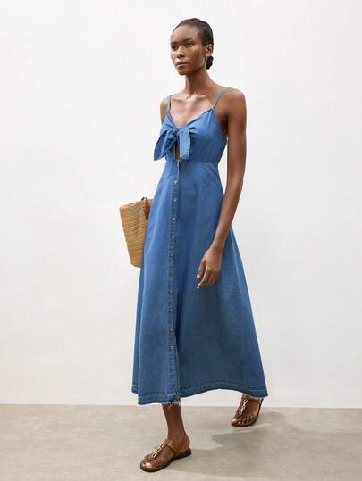 Maija 女士夏季休闲系带镂空吊带牛仔连衣裙