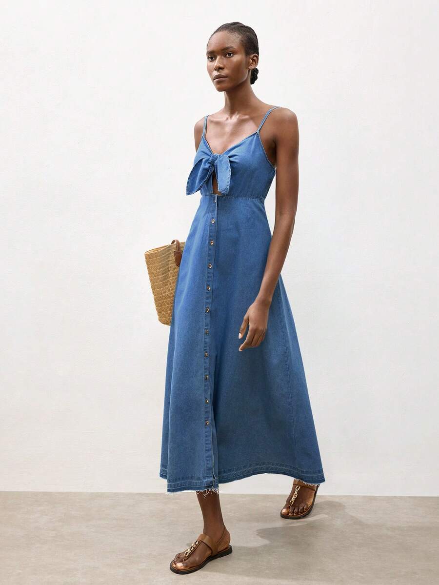 Maija Women's Summer Casual Lace-Up Hollow Out Strap Denim Dress - Light Wash - View 1