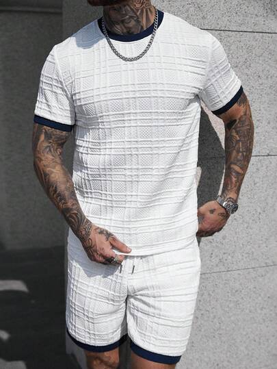 Manfinity CasualCool Men's Casual Contrast Trim Short Sleeve T-Shirt And Shorts Set, Summer