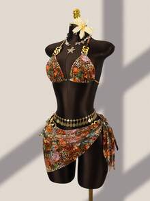 Zestiva 女士三件套泳装：花卉豹纹链条吊带露背迷你连衣裙，性感沙滩度假装 - 彩色 - 查看 3