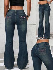 SHEIN ICON Women's Casual Washed Bowknot Rhinestone Embellished Low Waist Flare Jeans - Dark Wash - View 1