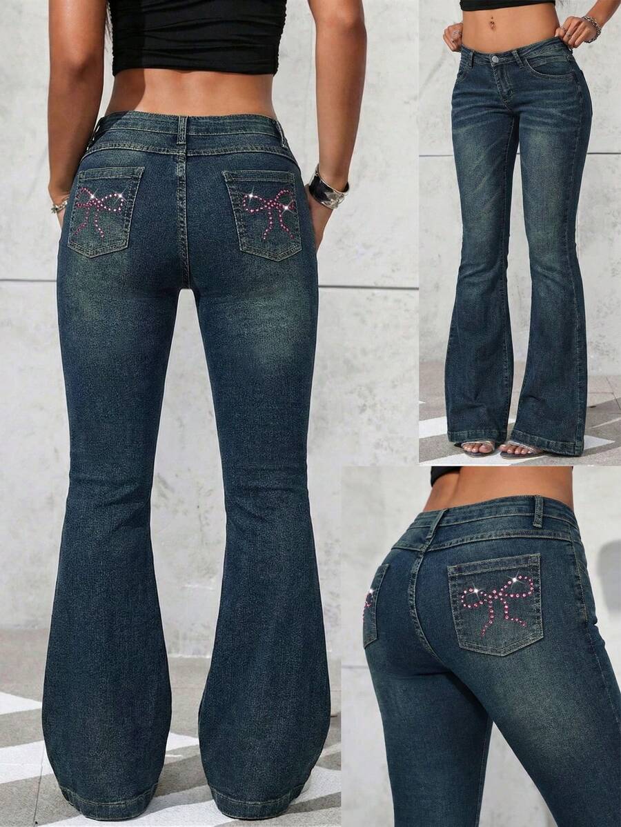 SHEIN ICON Women's Casual Washed Bowknot Rhinestone Embellished Low Waist Flare Jeans - Dark Wash - View 1
