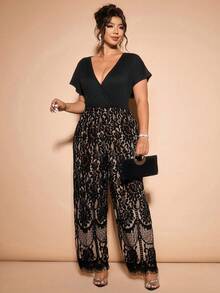 Cravure Bộ jumpsuit cỡ lớn phong cách Pháp thanh lịch thường ngày, phối màu, viền ren, thích hợp cho mùa xuân/thu. - màu đen - Xem 3