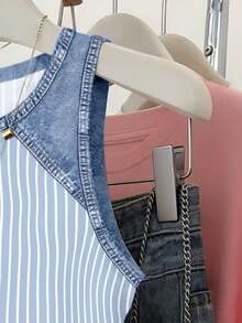 SHEIN Women's Waist Cinched Multicolor Stripe Denim Patchwork Print Graphic Tee Tank Top Shirt - Multicolor - View 5