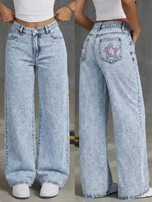 Jeanoix Women's Casual Washed Star Rhinestone Embellished Straight Leg Jeans - Light Wash - View 1