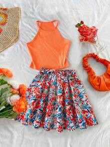 Girls' Knit Vest Top And Printed Skirt Set, Suitable For Daily Commute, Outings, And Exhibition Events, Lively And Cute Style, Teen Summer Outfit Set, Teen Set, Summer Holiday - Multicolor - View 1