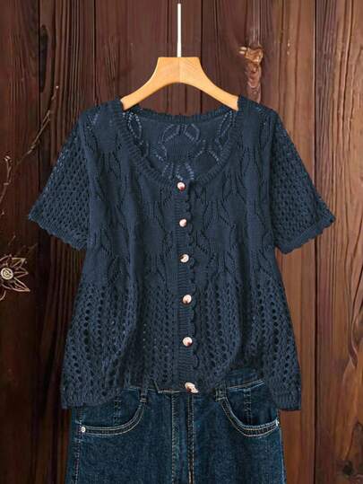 SHEIN LUNE Plus Size Women Solid Color Knitted Round Neck Hollow Out Single-Breasted Short Sleeve Cropped Casual Lightweight Cardigan, Spring/Summer