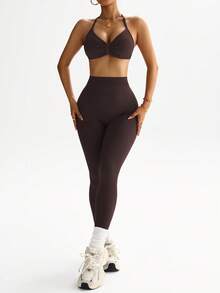 StreetHx Women's Summer Solid Color Pleated Halter Sports Bra And Leggings Set - Brown - View 8