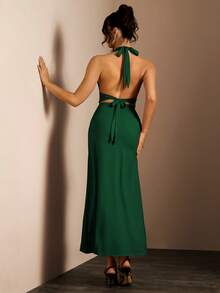 Glamine 绿色露背吊带性感V领高开衩修身无袖不对称长裙，尽显优雅气质，适合舞会、锐舞派对、街头风、演唱会、夜店、约会、生日派对、婚礼等各种场合。 - 墨綠色 - 查看 2
