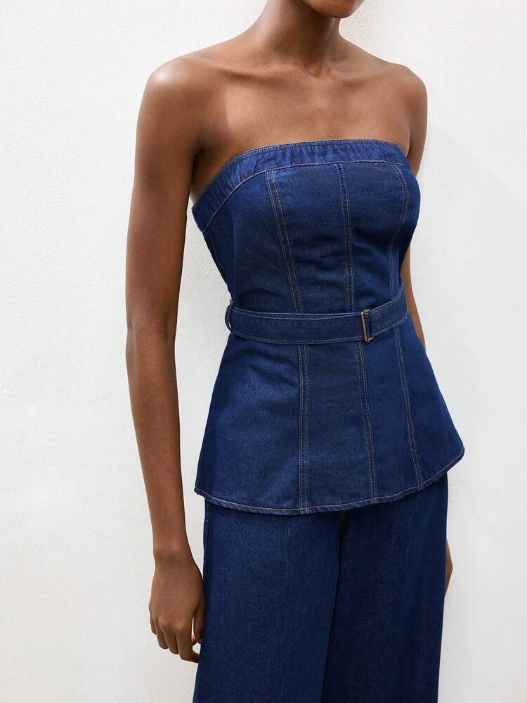 SHEIN Maija Women's Raw Denim Top, Elegant Strapless Design, Perfect For Summer Work Attire, Includes Belt.