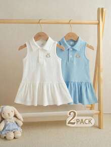 Souflis Souflis 2pcs/Set French Style Girls Summer Dress, Baby Girl Striped Lapel Sleeveless Dress - Multicolor - View 1