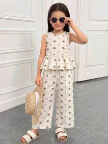 SHEIN 2pcs/Set Young Girl Ditsy Floral Sleeveless Tank Top & Loose Casual Pants Set - Apricot - View 3