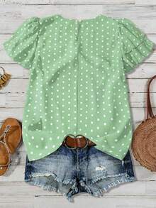 SHEIN LUNE CURVE 大码女式波点褶皱双层袖休闲衬衫 - 青檸色 - 查看 2