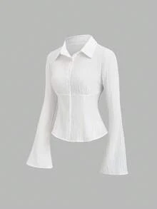 Sweetra Nueva camisa de manga larga acampanada y cintura ceñida, adecuada para ir al trabajo y salidas, primavera/verano - Blanco - Ver 4