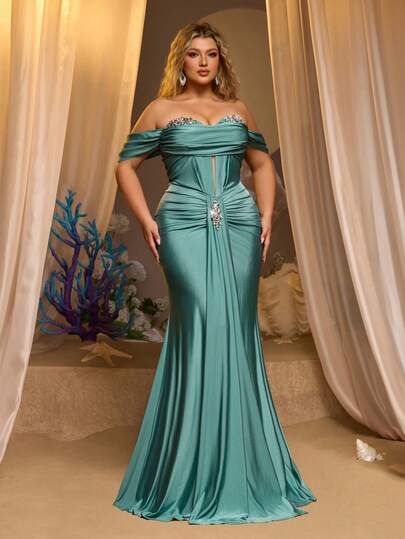 Glamrae Đầm maxi dáng ôm, màu xám xanh bóng, chất liệu dệt kim cao cấp, cổ sâu xếp nếp, viền bèo nhún và đính đá lấp lánh, kiểu đuôi cá, thích hợp cho các buổi hẹn hò, kỳ nghỉ, đám cưới, dạ hội, hòa nhạc và các dịp trang trọng.