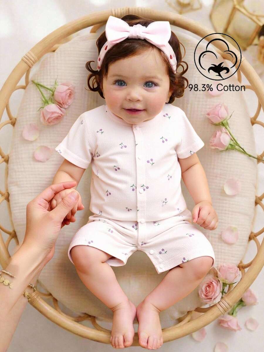 Baby Girls' Summer Outfit, Lightweight Infant Girls' Romper, Cute Cherry Pattern Casual Vacation Style Short Sleeve Crew Neck - Beige - View 1
