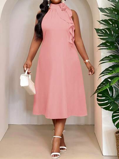 SHEIN Lady Plus Size 3D Three-Dimensional Flower Ruffles Decorate The Neckline. Pink Mid-Length Dress. Elegant Ladies Loose And Casual. Spring And Summer Vacation. Bohemian.Plus Size Dress  Summer Dress Spring Dress  Vacation Outfits Women Casual Dresses For Women