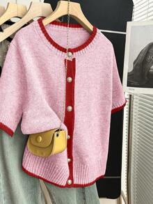 SHEIN Franclia 新款夏季休闲个性拼接撞色优雅针织女式衬衫 - 粉色 - 查看 6
