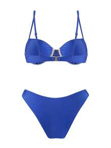 Swim Chiccia Spring/Summer 3 Pieces Set: Solid Color Underwire Adjustable Strap Top, High-Cut Bikini Bottoms, And Mesh Skirt, Women Elegant Swimwear Set For Beach Vacation Blue Beach Outfit Royal Blue Bathing Suit - Royal Blue - View 5