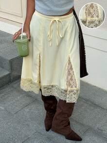 Muchica 女士黄色编织撞色蕾丝抽绳腰裙 - 黃色 - 查看 5