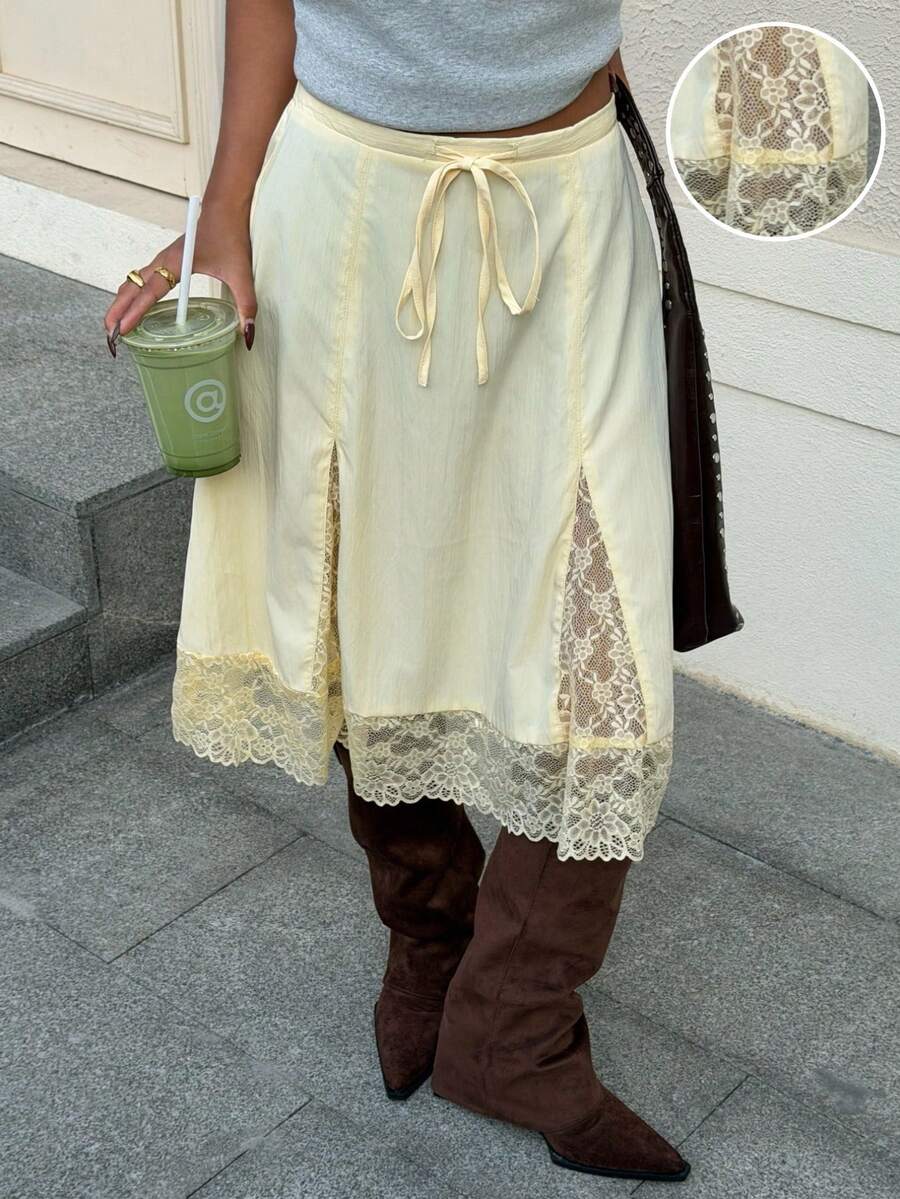 Muchica Holiday Outfits  Women's Yellow Woven Contrast Lace Drawstring Waist Skirt - Yellow - View 1