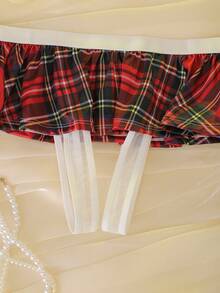 DelicateAllure 女士性感格子内裤，开裆设计，撞色拼接，蝴蝶结装饰，网纱网眼，荷叶边下摆，浪漫气息，适合派对、音乐节等场合。 - 紅色 - 查看 5