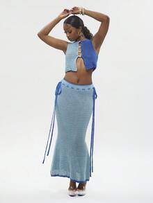 Modviera Women's Summer New Vacation Style High Waist Tie Knit Skirt - Blue - View 4