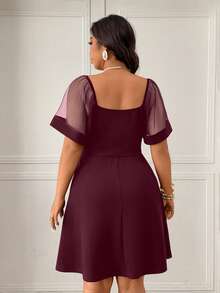 Femmeverse Vestido evasé de mujer talla grande con parches de malla, estilizador y elegante - Morado - Ver 2