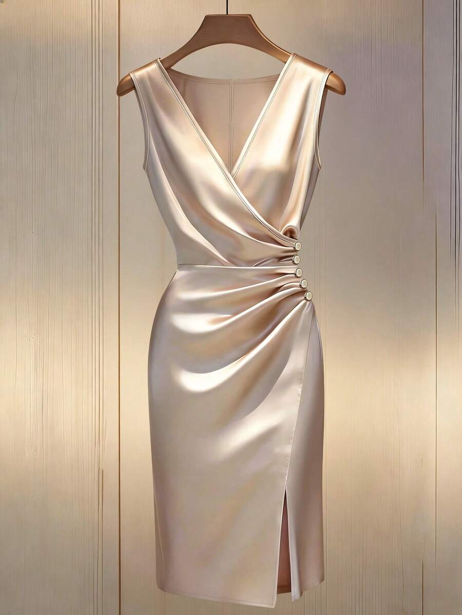 Franclia Elegant Romantic Crossover Deep V-Neck Ruffle Trim Faux Button Narrow Shoulder Asymmetric Hem Fitted Sheath Dress For Office Wear - Apricot - View 1