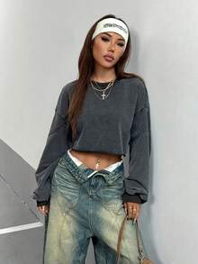 StreetHx Women Solid Color Round Neck Loose Boxy Cropped Washed Sweatshirt,Long Sleeve Tops,Graduation,Teacher,Back To School Pullover Fall - Grey - View 7