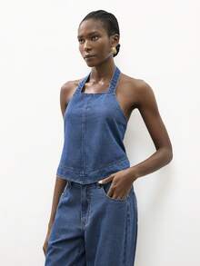 Maija 女士可调节露背吊带牛仔短款上衣，夏季 - 藍色 - 查看 1