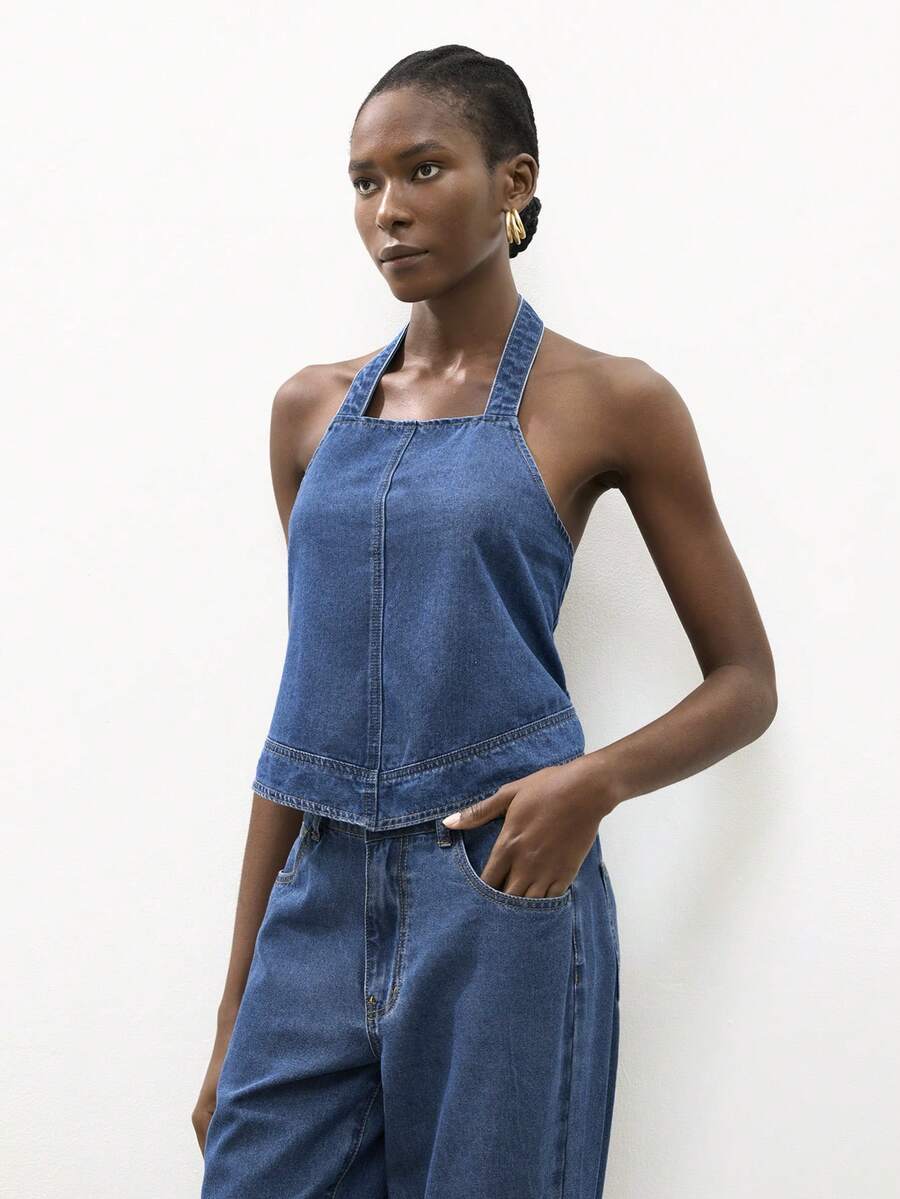 Maija 女士可调节露背吊带牛仔短款上衣，夏季 - 藍色 - 查看 1