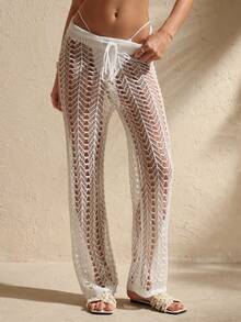 Swim Chiccia Women's White Hollow-Out Casual Vacation Knit Pants - White - View 5