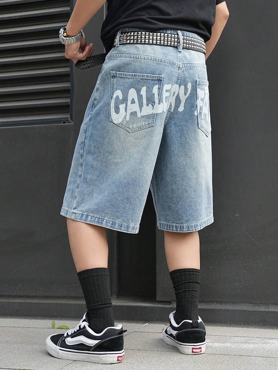 Manfinity EMRG 男士街头时尚休闲印花斑马纹蓝色牛仔短裤 - 中等水洗藍 - 查看 1