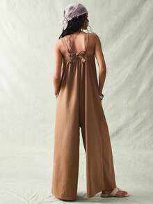 SoleilVie Deep Brown Textured Square Neck Sleeveless Front Button Loose Wide Leg Jumpsuit, Casual Chic Commuting Piece - Khaki - View 6