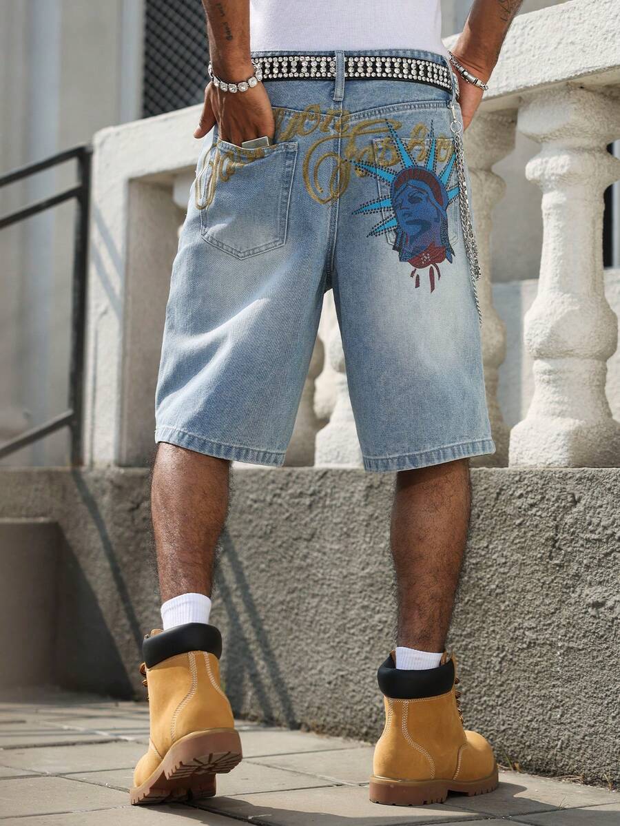 Manfinity EMRG Men's Casual Street Style Blue Denim Printed Shorts - Light Wash - View 1