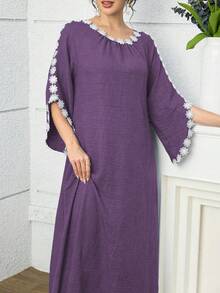 Al Najma Vestido feminino elegante e discreto com estampa floral 3D, estilo árabe, modelagem solta, ideal para primavera/outono. - Roxa - Ver 5