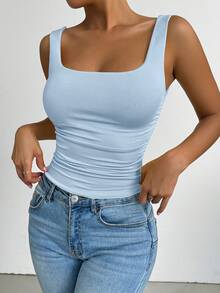 SHEIN PETITE 蓝色方领无袖背心，适合演唱会、夜店、约会、舞会、锐舞派对、生日派对、派对必备、基础款、外出、休闲针织等场合。 - 藍色 - 查看 6