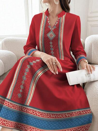 SHEIN Najma Vintage RautenMuster würdevoller Farbblock Maxikleid, Damen Mode V-Ausschnitt Schlitz Saum Langarm Kleid, elegantes arabischer Stil Kleid für Frühling/Sommer