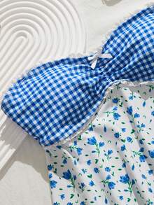 Swim Mod 女士甜美白色荷叶边花卉拼接格子印花可拆卸肩带抹胸泳衣上装，夏季 - 藍色 - 查看 4